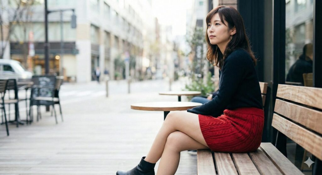 なぜ赤い服のミニスカートで足組みをしているのか