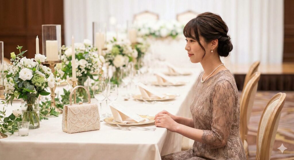 ハンドバッグは小ぶりで自立する物を推奨